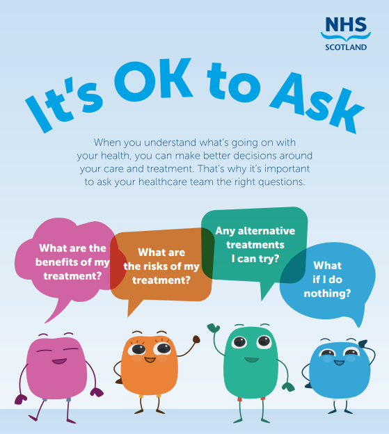 When you understand what's going on with your health, you can make better decisions around your care and treatment. That's why it's important to ask your healthcare team the right questions.  1) What are the benefits of my treatment? 2) What are the risks of my treatment? 3) Any alternative treatments I can try? 4) What if I do nothing?