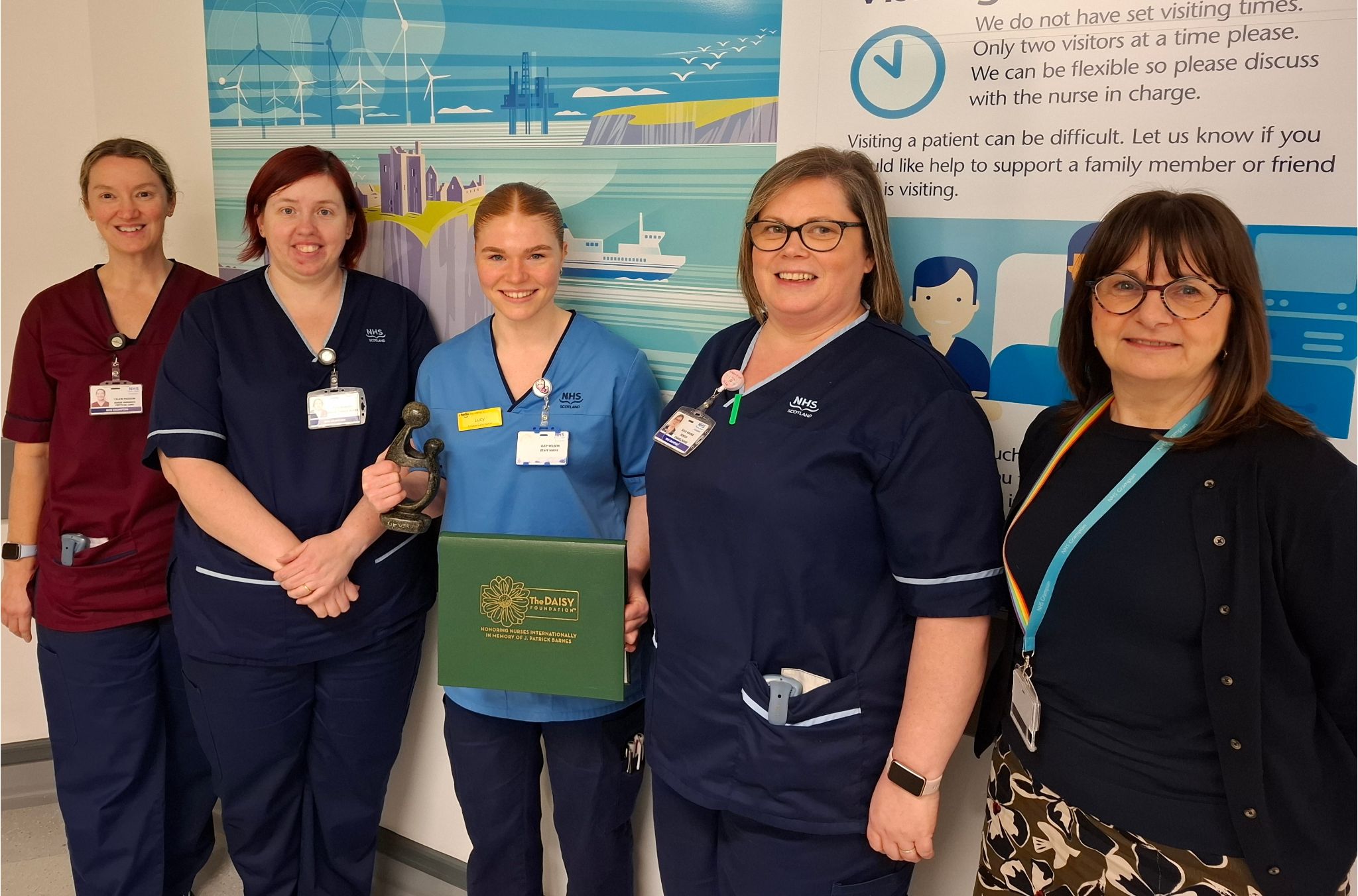 (L-R) Helen Paddon (nurse manager, critical care), Faye Morren (senior charge nurse), Lucy Wilson, Julie Rennie (senior charge nurse), and Denise Johnson (chief nurse, integrated specialist care services)